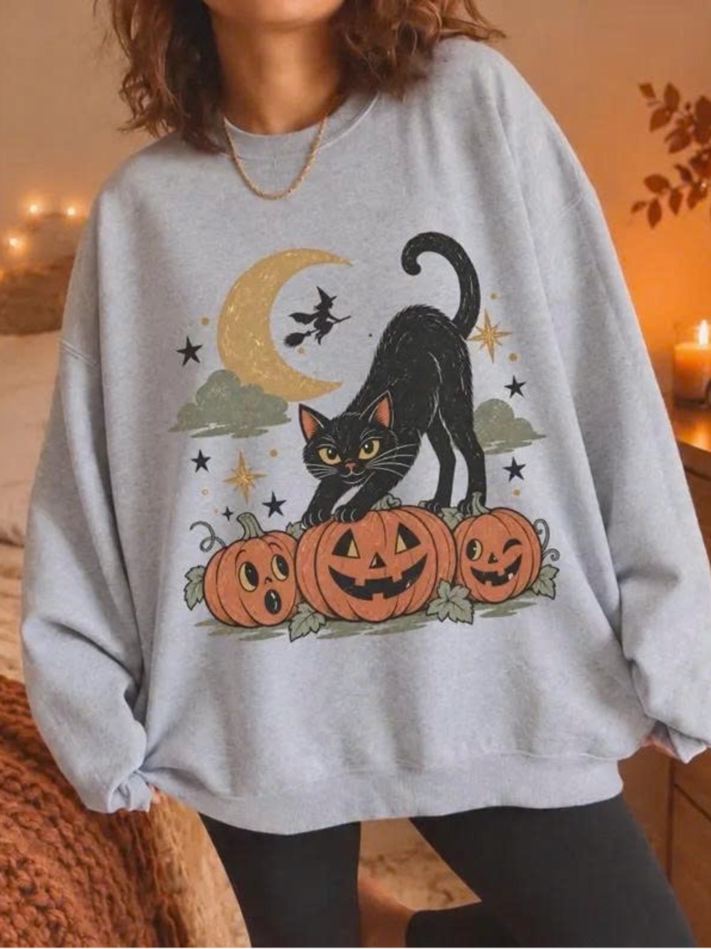 Halloween Black Cat & Pumpkins Graphic Sweatshirt - Gray